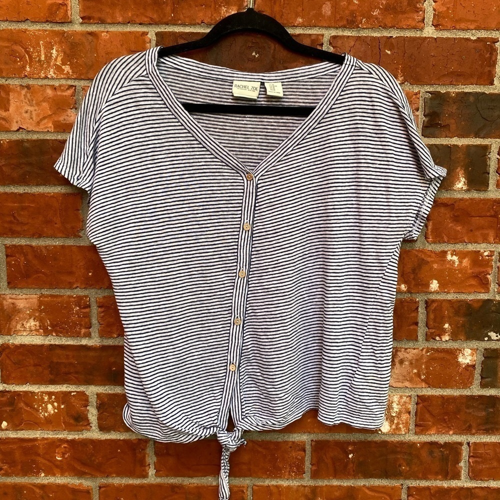 Rachel Zoe Womens Medium Linen Blue Stripe Button Front Tie Short Sleeve Top